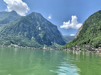 Scenic view of lake by mountains against sky