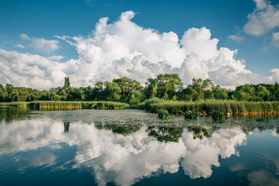 Scenic view of lake against cloudy sky