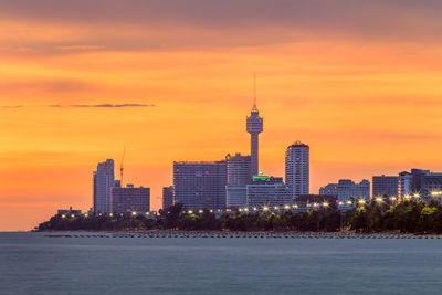 Modern buildings in city during sunset