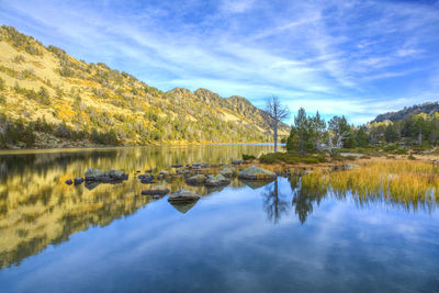 Scenic view of lake by mountains against sky