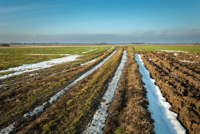 Panoramic shot of agricultural field against sky