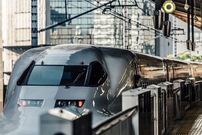 Close-up of train in city