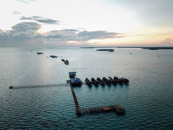 Aerial wide panorama, early morning blue sky sunrise semporna, borneo sabah malaysia.