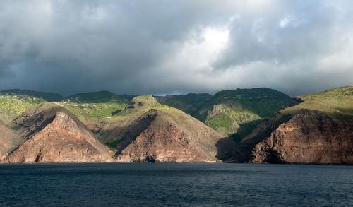 Scenic view of sea and mountains against sky