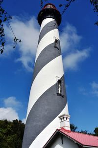 Low angle view of lighthouse by building against sky