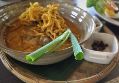 High angle view of noodles in bowl on table