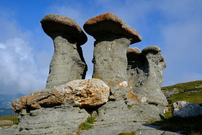 Low angle view of rock formation against sky