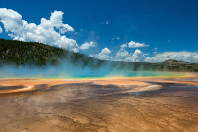 Geyser at yellowstone national park against blue sky