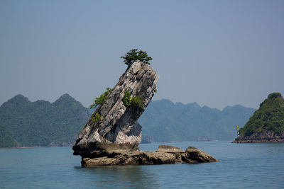 Rock formation in sea against clear sky