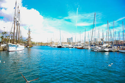 Sailboats moored in sea against sky