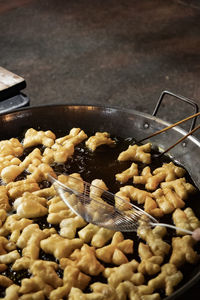 High angle view of meat in cooking pan