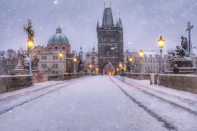Prague on a snowy morning sunrise colors