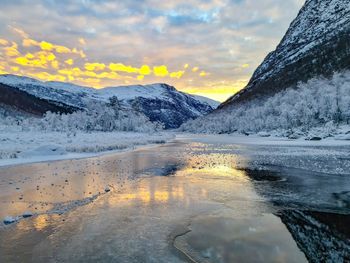 Scenic view of snowcapped mountains against sky during sunset