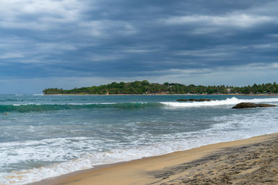 Tropical beach with palm trees. cloudy sky. arugam bay, sri lanka