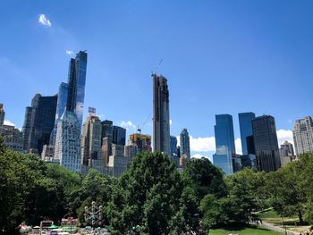 Trees in city against clear sky