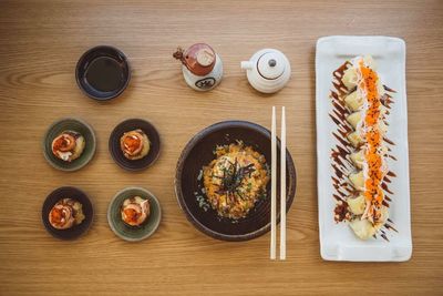 High angle view of food served on table