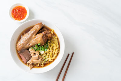 High angle view of food in plate on table