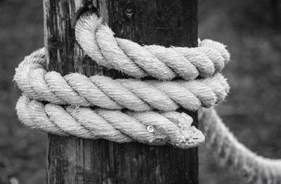 Close-up of rope tied on wooden post outdoors