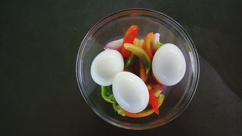 High angle view of eggs in bowl