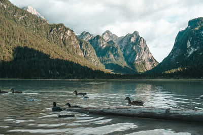 Scenic view of lake and mountains against sky