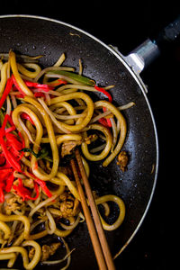 Close-up of udon noodles in cooking pan