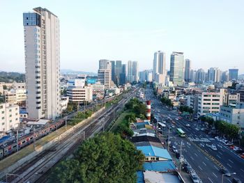 High angle view of cityscape against sky