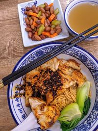 High angle view of meal served on table