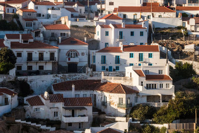 High angle view of houses in town