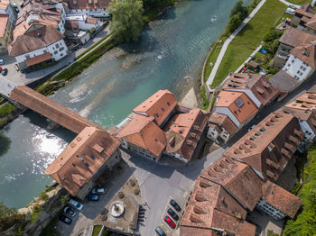 High angle view of buildings in city