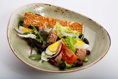 High angle view of salad in plate on table