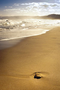 Scenic view of beach against sky during sunset