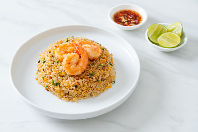 High angle view of food in plate on table