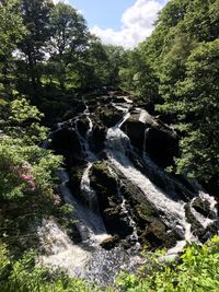 Scenic view of waterfall in forest against sky