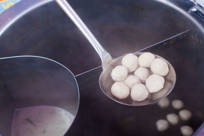 High angle view of eggs in container