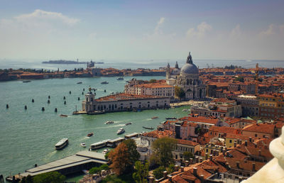 Aerial view of basilica of santa maria della salute against blue sky, located at punta della dogana