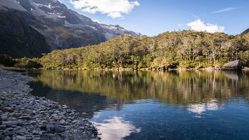 Scenic view of lake by mountains against sky