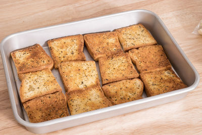 High angle view of dessert in tray on table