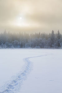 Snow covered field against sky