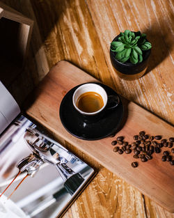 High angle view of coffee on table