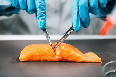 Food safety and quality testing salmon fish. laboratory technician taking salmon fish sample.