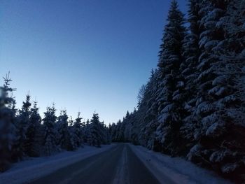 Road amidst trees against clear blue sky during winter