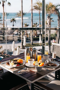 High angle view of breakfast served on table at restaurant