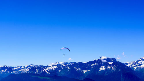 Low angle view of kites flying against clear blue sky