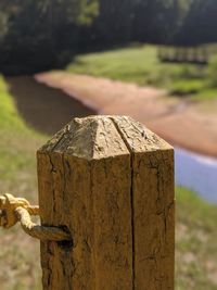 Close-up of wooden fence on tree stump