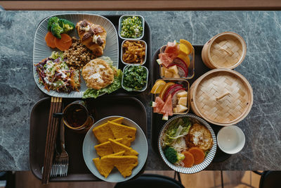 High angle view of food on table