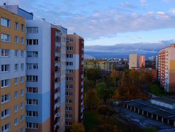 High angle view of buildings in city against sky