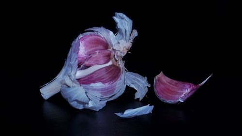 Close-up of cake on table against black background