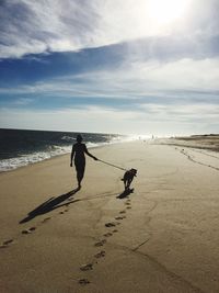 Rear view of woman and dog on beach against sky