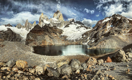 Panoramic view of lake and mountains against sky at fitzroy patagonia 