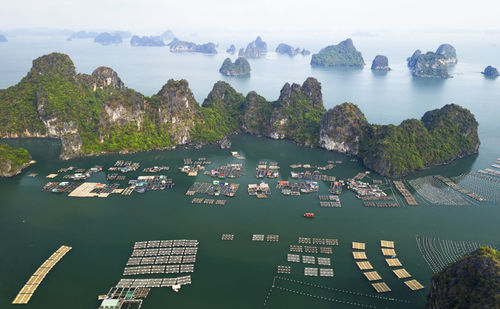 High angle view of boats in bay